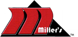 Logo for "Miller's," featuring a stylized red "M" on a black triangle, with the brand name written in white text.